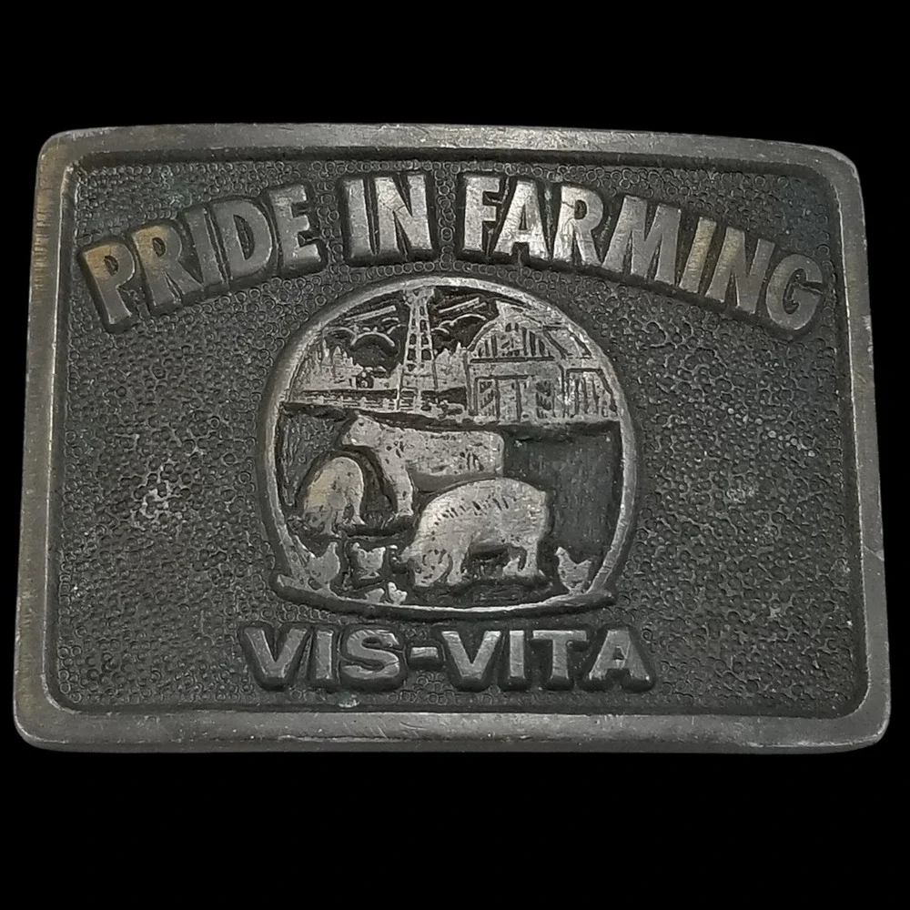 Pride in Farming VIS-Vita Belt Buckle Vintage Brass Farm‎ Animal Country Western